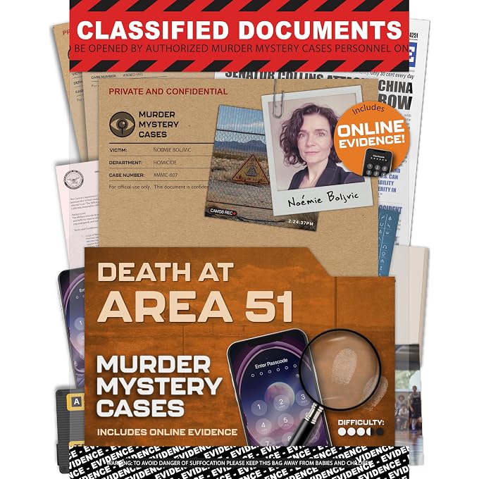 Lucky Egg MMC Death at Area 51  Thrilling Murder Mystery Games for Adults in a Classified Military Base  47 Evidence Pieces, 150 Min Gameplay (3.5/5 Difficulty)  Cold Case Files Game for 1-10 Players - Image 1