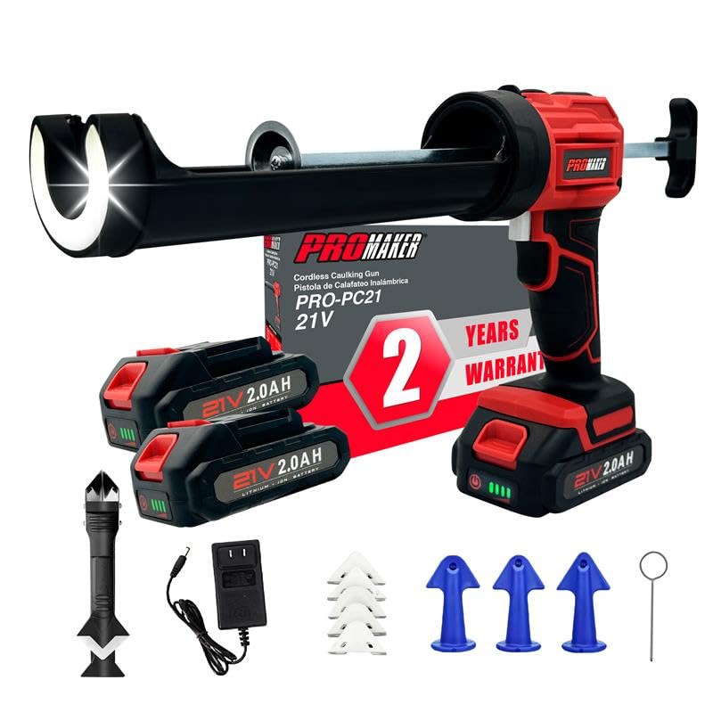 PROMAKER Cordless Caulking Gun, 21V Caulk gun w/ 2 Batteries, LED Light, Adjustable Speed, 3 Nozzle Adapters, 5 Knife Heads, 10 Oz Capacity, 550Lb Pushing Force, Caulk Tool Trowel & Scraper - Image 1