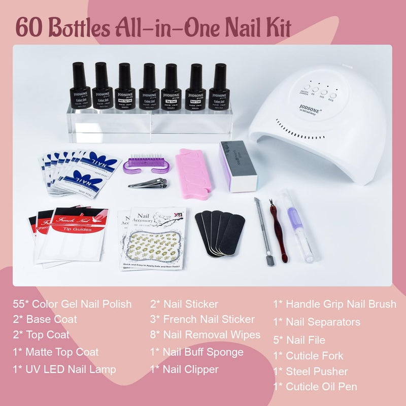 JODSONE Gel Nail Polish Kit 60 PCS with U V Light Soak off Base Top Coat 55 Shine Colors Gel Nail Kit Bright and Dark Brown Wine Red Series Manicure Set for Women and Girls - Image 3