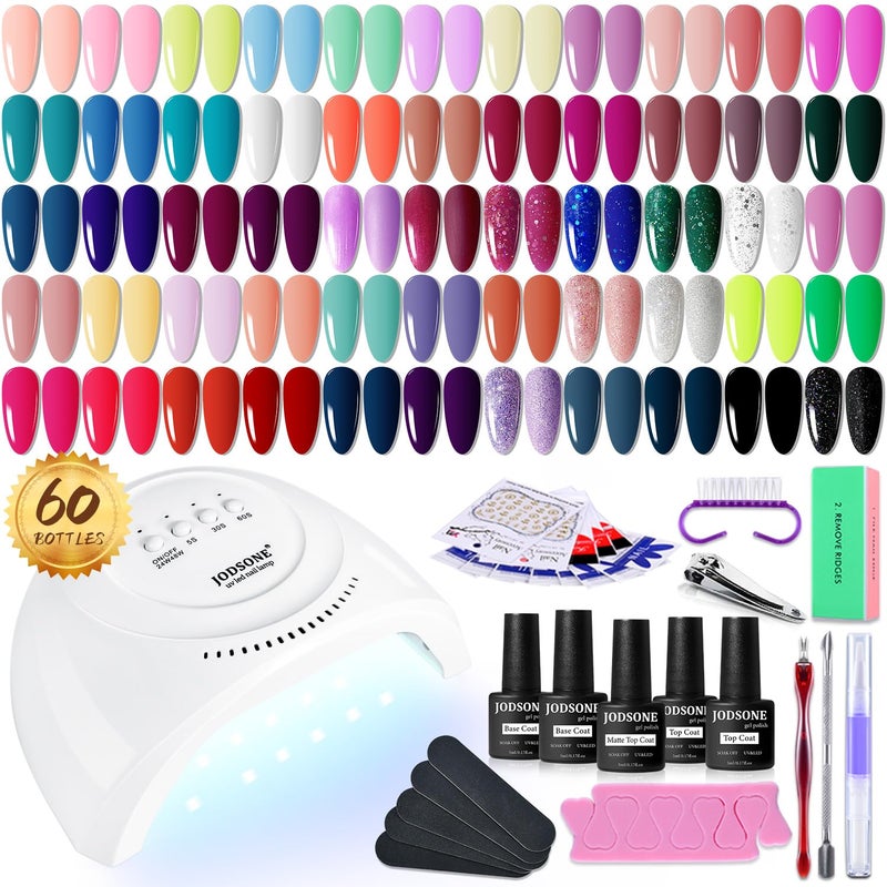 JODSONE Gel Nail Polish Kit 60 PCS with U V Light Soak off Base Top Coat 55 Shine Colors Gel Nail Kit Bright and Dark Brown Wine Red Series Manicure Set for Women and Girls - Image 1