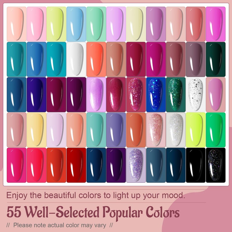 JODSONE Gel Nail Polish Kit 60 PCS with U V Light Soak off Base Top Coat 55 Shine Colors Gel Nail Kit Bright and Dark Brown Wine Red Series Manicure Set for Women and Girls - Image 2