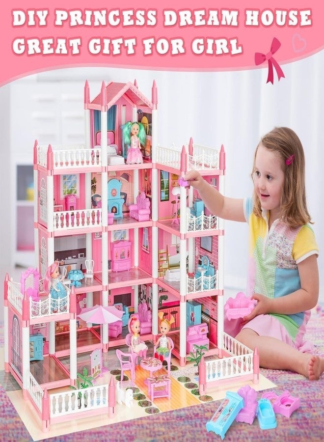 Doll House, Dream Dollhouse for Girls Pretend-Play DIY Dollhouse Kit - 4-Story 11 Rooms Playhouse with 2 Dolls Toy Figures, Furniture and Accessories Set Gift Toy for Kids Ages 3 4 5 6 7 8+ - Image 1