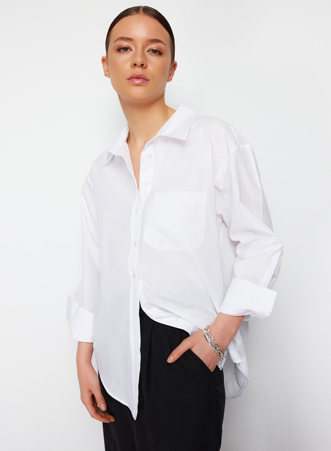 trendyol White Single Pocket Boyfriend/Wide Fit Cotton Woven Shirt - Image 3
