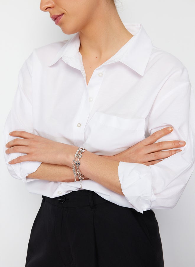 trendyol White Single Pocket Boyfriend/Wide Fit Cotton Woven Shirt - Image 5