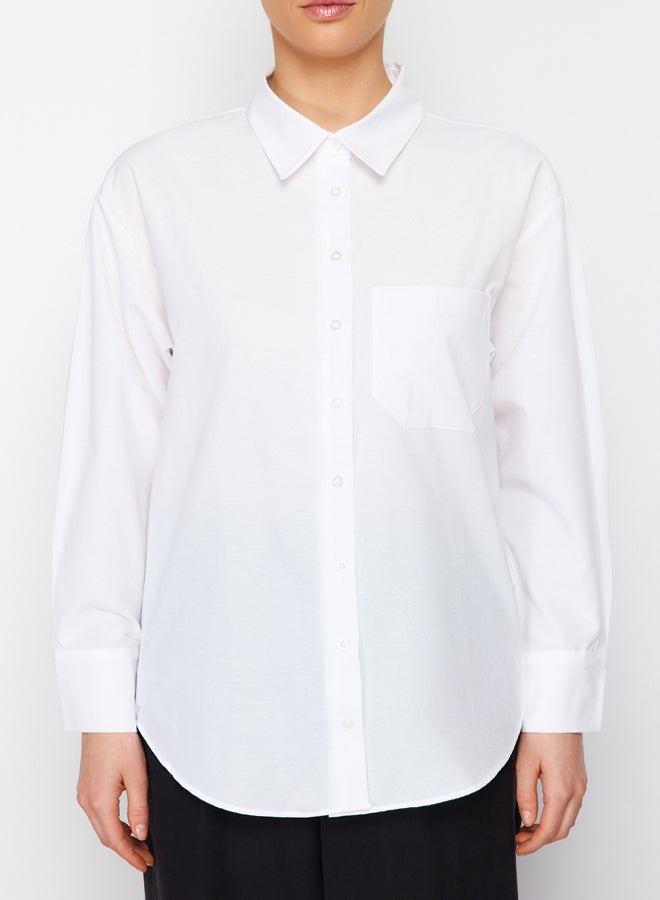 trendyol White Single Pocket Boyfriend/Wide Fit Cotton Woven Shirt - Image 4