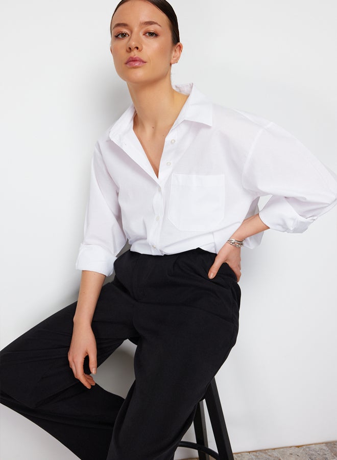 trendyol White Single Pocket Boyfriend/Wide Fit Cotton Woven Shirt - Image 2