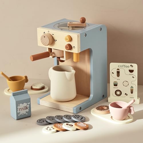 EERKEOD Toy Coffee Maker for Kids Wooden Kids Coffee Maker Playset for Toddlers Play Kitchen Accessories Gift for Girls and Boys - Image 1