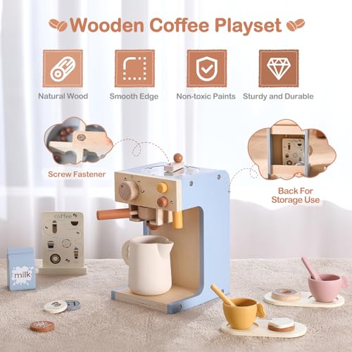 EERKEOD Toy Coffee Maker for Kids Wooden Kids Coffee Maker Playset for Toddlers Play Kitchen Accessories Gift for Girls and Boys - Image 5