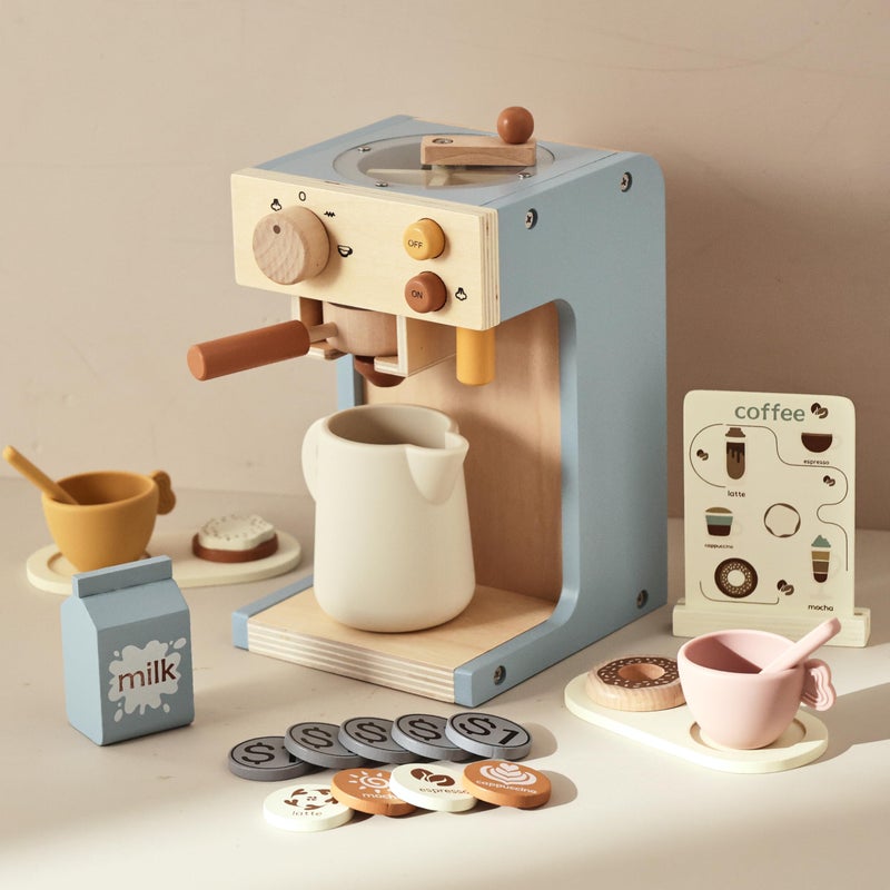 EERKEOD Toy Coffee Maker for Kids Wooden Kids Coffee Maker Playset for Toddlers Play Kitchen Accessories Gift for Girls and Boys - Image 3