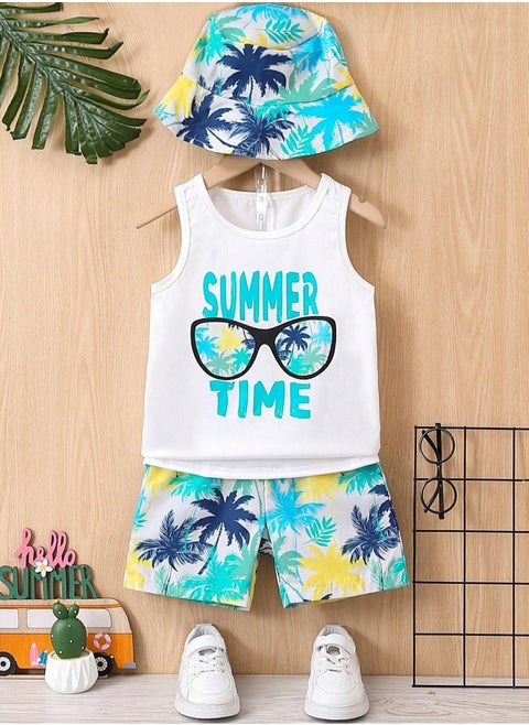 Children's Clothing Set – A complete summer outfit with a matching hat, designed with vibrant colors and playful prints. Made from soft and comfortable cotton fabric, ideal for kids aged 5 years. Perfect for summer, pool days, and beach outings.