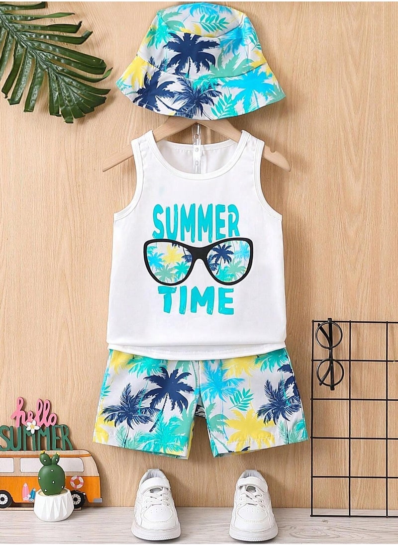 Children's Clothing Set – A complete summer outfit with a matching hat, designed with vibrant colors and playful prints. Made from soft and comfortable cotton fabric, ideal for kids aged 5 years. Perfect for summer, pool days, and beach outings.