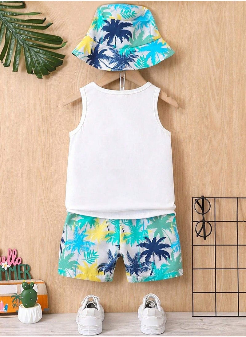 Children's Clothing Set – A complete summer outfit with a matching hat, designed with vibrant colors and playful prints. Made from soft and comfortable cotton fabric, ideal for kids aged 5 years. Perfect for summer, pool days, and beach outings.