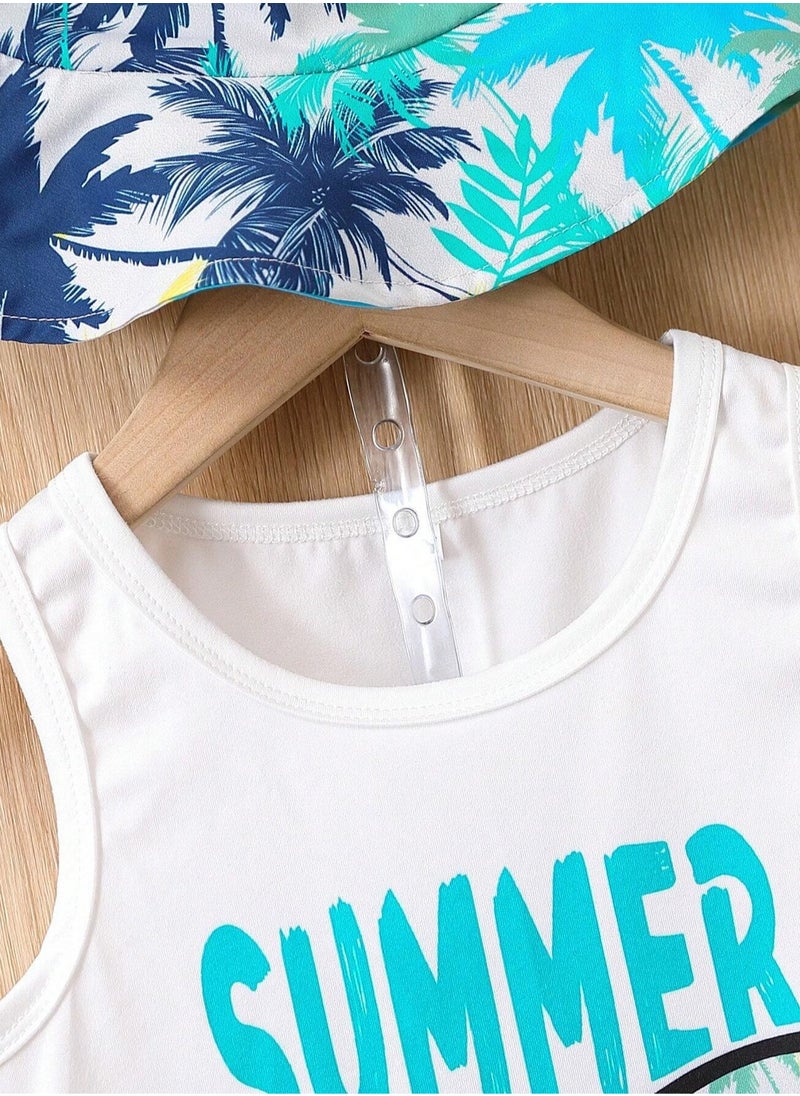 Children's Clothing Set – A complete summer outfit with a matching hat, designed with vibrant colors and playful prints. Made from soft and comfortable cotton fabric, ideal for kids aged 5 years. Perfect for summer, pool days, and beach outings.