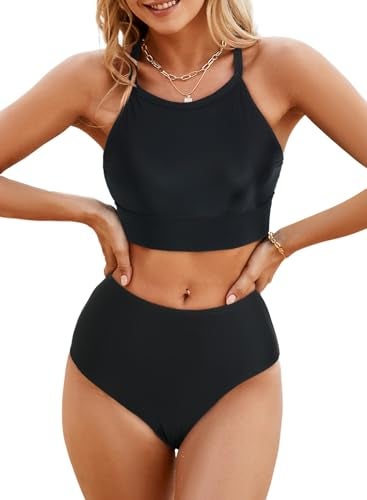 Herseas Women's Black Bikini Sets High Round Neck Criss Cross Swimwear High Waisted 2 Pieces Swimsuits Crop Padded Top Modest Bottom Bathing Suits Medium - Image 5
