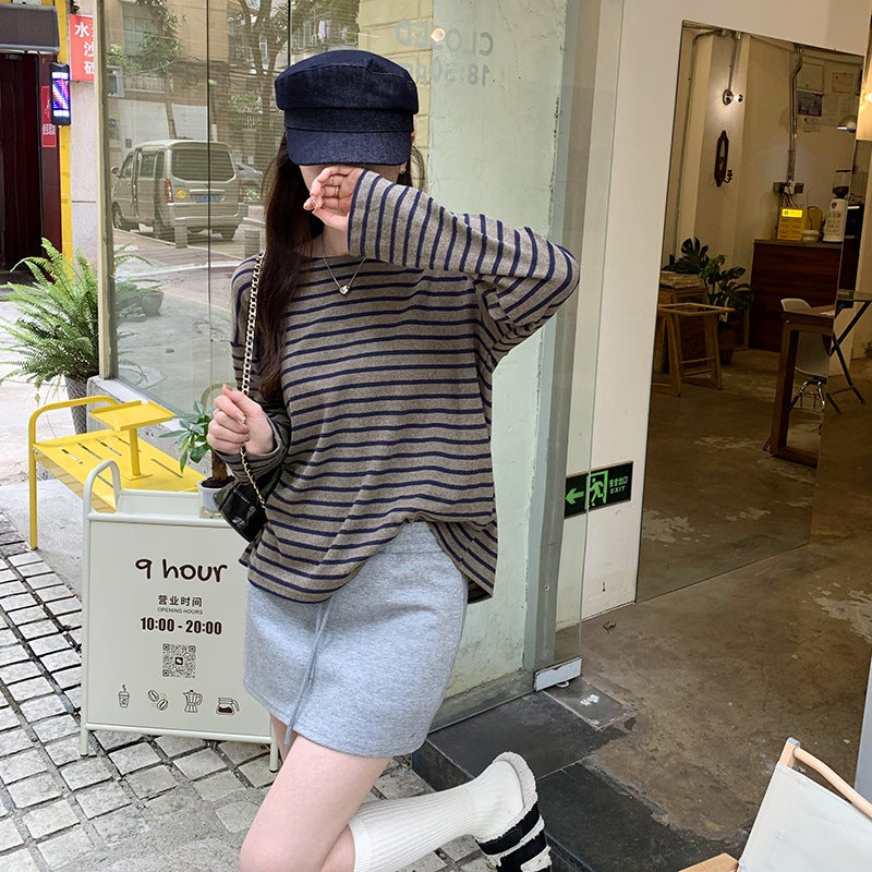 Shopping Mall Real Pograph Korean Style Loose Contrast Color Striped Long Sleeve Inner Base Shirt Women'S High-End T-Shirt - Image 5