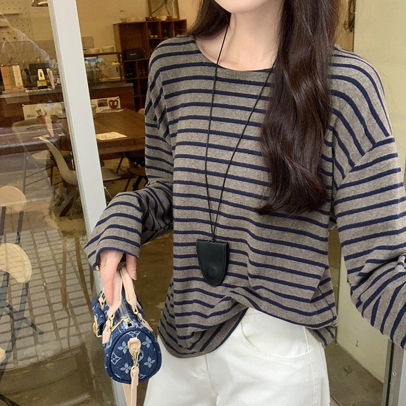 Shopping Mall Real Pograph Korean Style Loose Contrast Color Striped Long Sleeve Inner Base Shirt Women'S High-End T-Shirt - Image 1