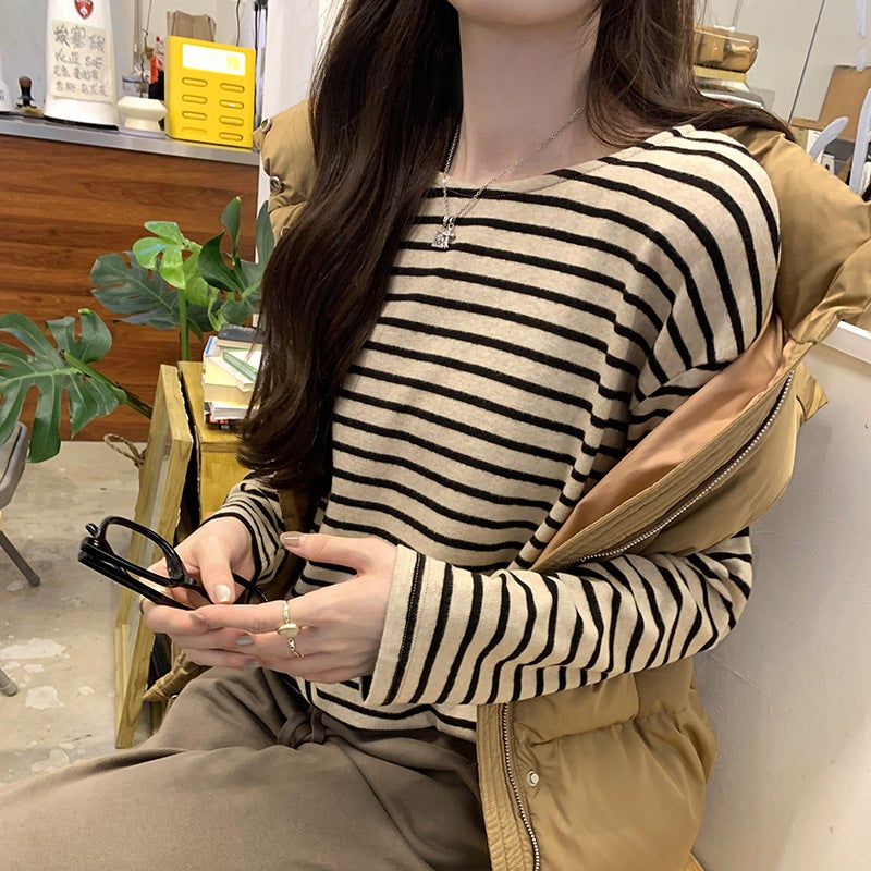 Shopping Mall Real Pograph Korean Style Loose Contrast Color Striped Long Sleeve Inner Base Shirt Women'S High-End T-Shirt - Image 2