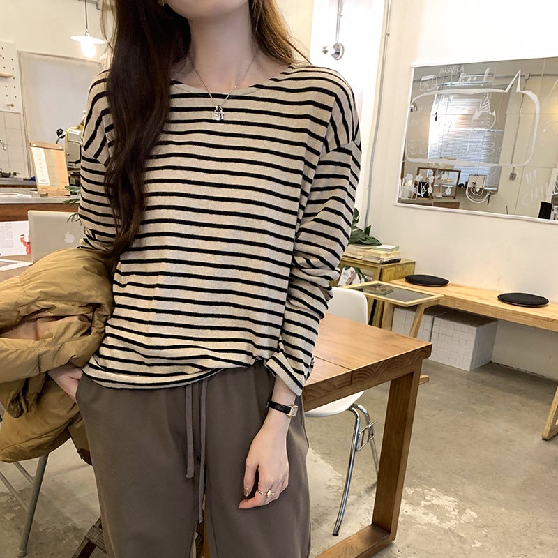 Shopping Mall Real Pograph Korean Style Loose Contrast Color Striped Long Sleeve Inner Base Shirt Women'S High-End T-Shirt - Image 3