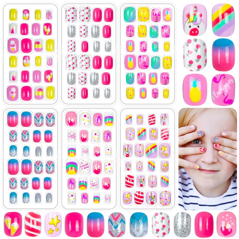 144 Pieces Fake Nails for Kids Girls Artificial Kids Press on Nails Full Cover Short Acrylic Stick On Nails False Nail Tips Kit for Children Little Girls Nail Art Decoration pink style