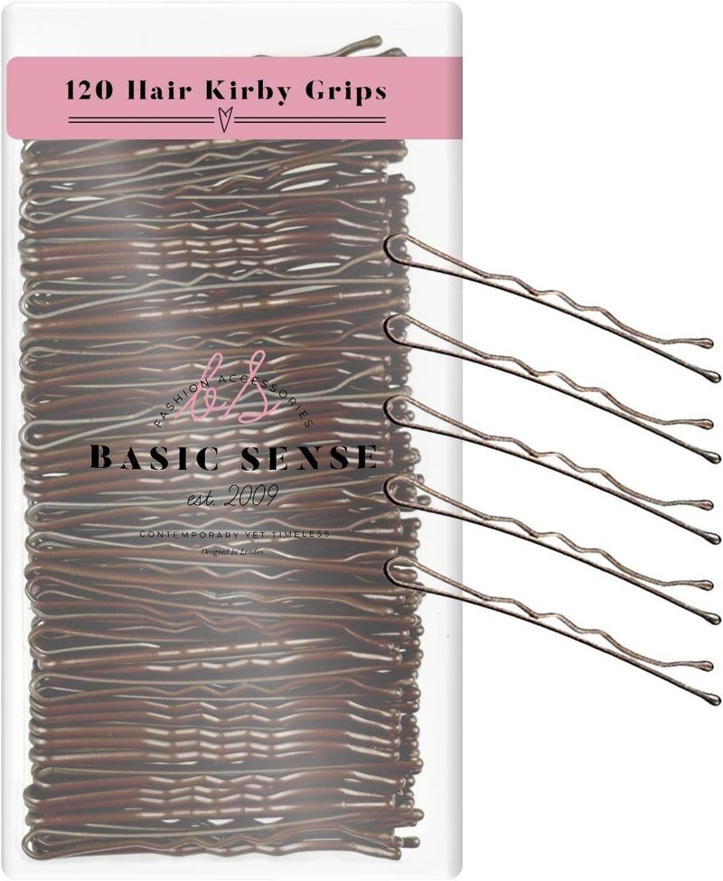 BasicSense 120 PCS Essential Wavy Kirby Metal Bobby Pins Grips Hairpins Plastic Box Package for Storage 5cm2 inch Matt Brown