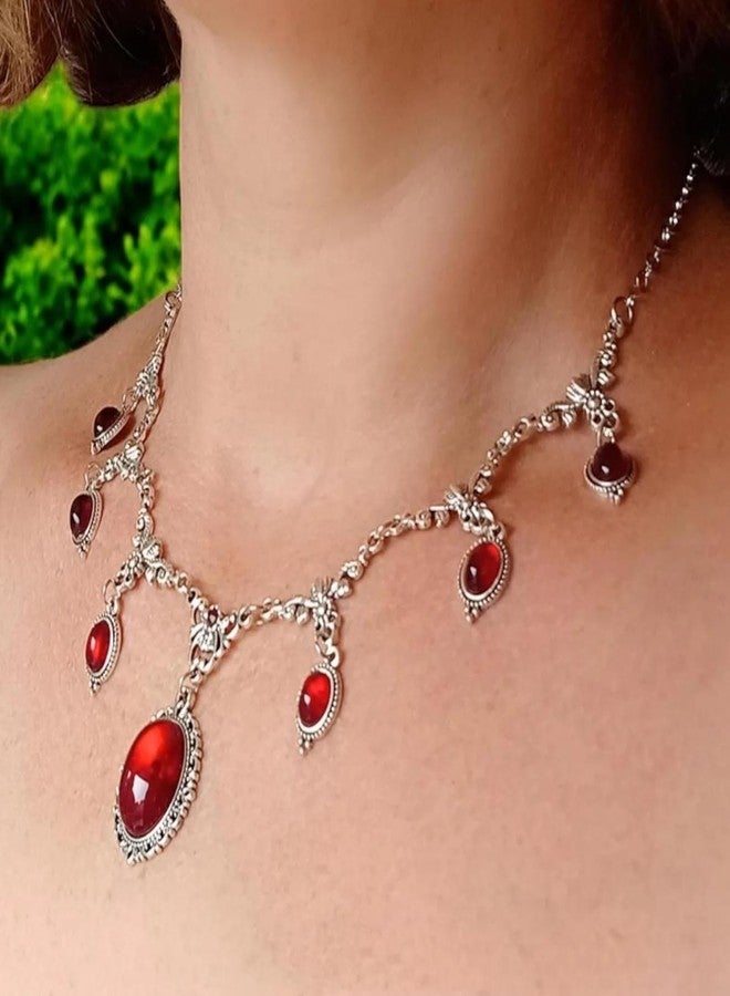 IS4U Gothic Bat Blood Drop Necklace for Women Men Vintage Oval Red Black Crystal Reliefs Necklace Statement Tassel Pendant Necklace Victoria Vampire Halloween Jewelry (Red) - Image 2