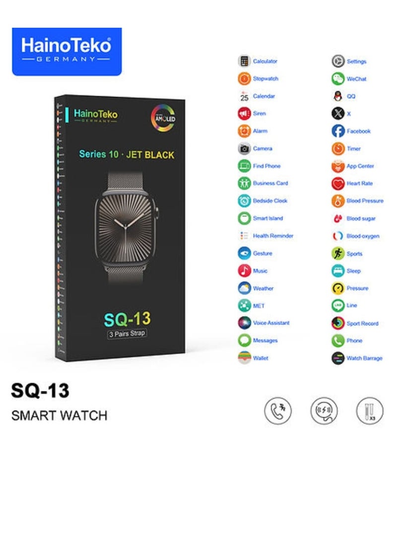 Haino Teko Smart Watch SQ-13 Series10 Display Screen AMOLED Wireless Charging with 3 Pairs of Straps Black - Image 2