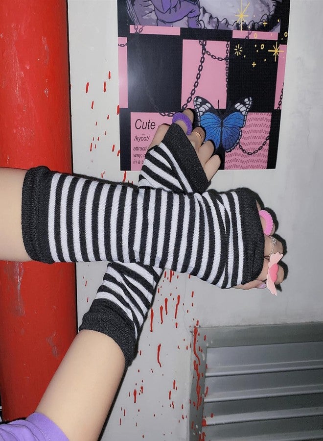 VTTDB Arm covers cute women kawaii japanese harajuku Goth Half Finger Knitted Arm Warmer Y2K Gloves Arm Sleeve for girl, Black, One Size - Image 3