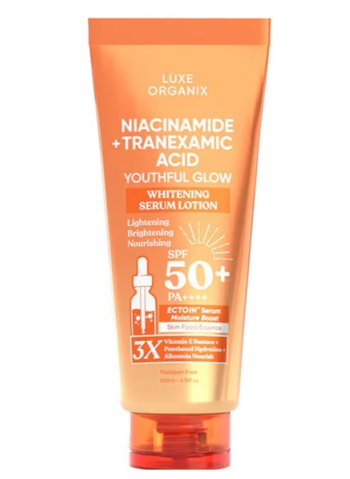 LUXE ORGANIX Niacinamide + Tranexamic Acid Youthful Glow Whitening Serum Lotion SPF50 200ml 