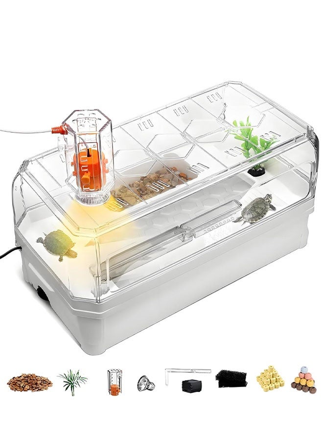 طقم خزان سلحفاة كبير مع ضوء منصة تشمس متعدد الوظائف، فلتر مياه، ذراع دش مطري، نبات، حجر، منزلق - Image 1