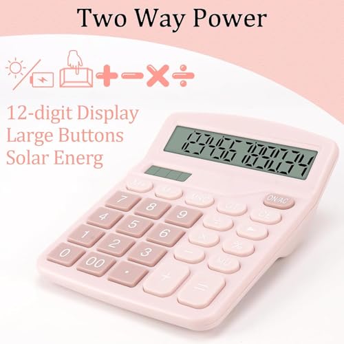 SOLDTRUE 12-Digit Desktop Calculator with Extra Large LCD Screen, Memory & Dual Power | Anti-Slip Base, Easy Big Buttons, Solar & Battery | Office Calculator (Pink) - Image 4