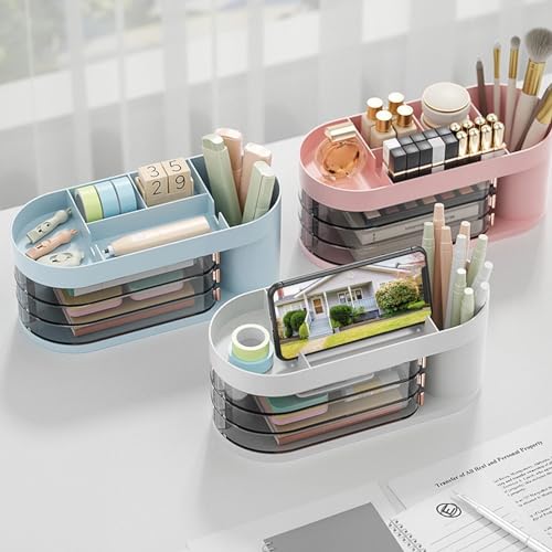 HOME CUBE Plastic Desk Organizer With Sliding Drawer Desktop Office Stationery Storage Box Desk Accessories Mobile Holder Table Organiser Study Table Office Table Desk Organizer (Random Color),Blue - Image 2