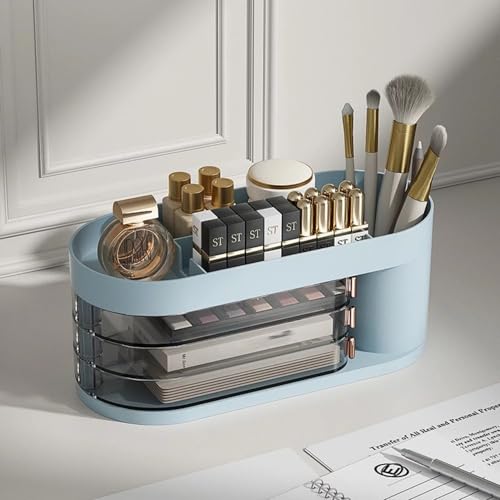 HOME CUBE Plastic Desk Organizer With Sliding Drawer Desktop Office Stationery Storage Box Desk Accessories Mobile Holder Table Organiser Study Table Office Table Desk Organizer (Random Color),Blue - Image 1