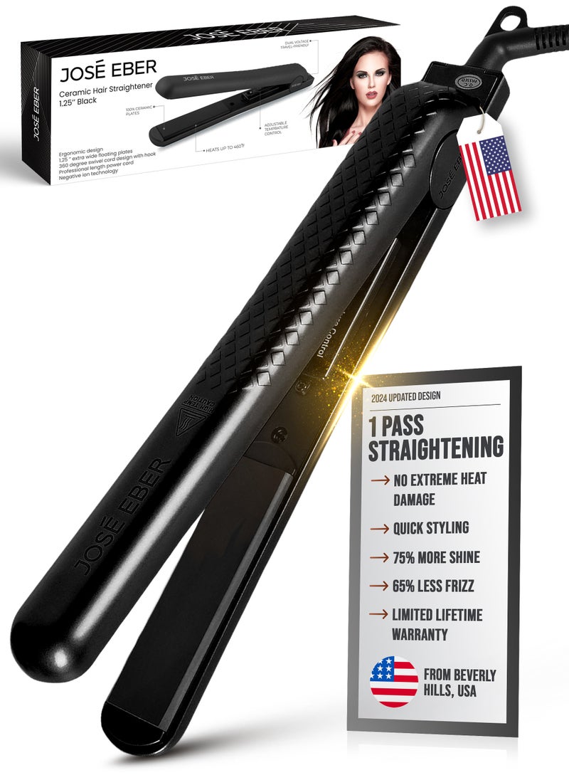JOSE EBER Pure Ceramic Flat Iron - Frizz-Free Styling Hair Straightener For Salon-Quality Results- Dual Voltage Travel Iron Black  - Image 1