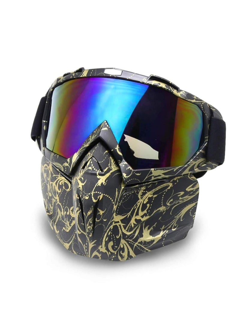 Generic Protective Mask Floral Gold With Mirror Rainbow Visor For Motorcycle and Scooter