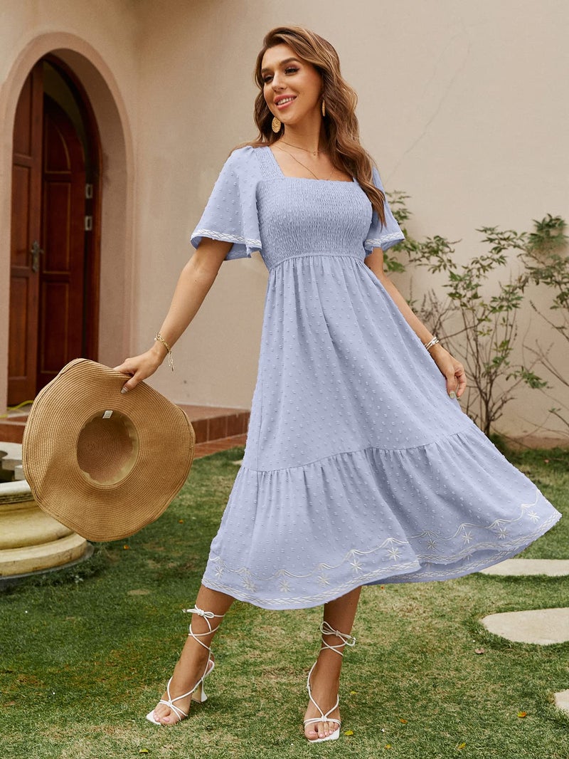 Glamaker Women's Short Sleeve Smocked Square Neck A Line Summer Flowy Midi Dress Light Blue Large - Image 2