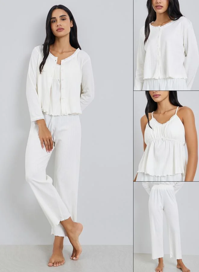 Styli Cream Ribbed Cami with Buttoned Shirt and Pyjama Set