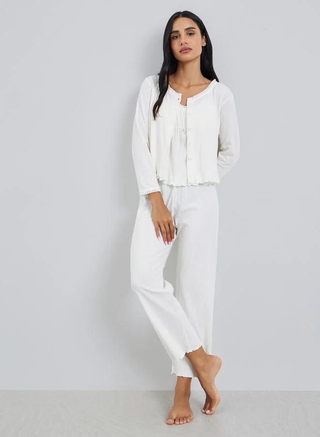 Styli Cream Ribbed Cami with Buttoned Shirt and Pyjama Set
