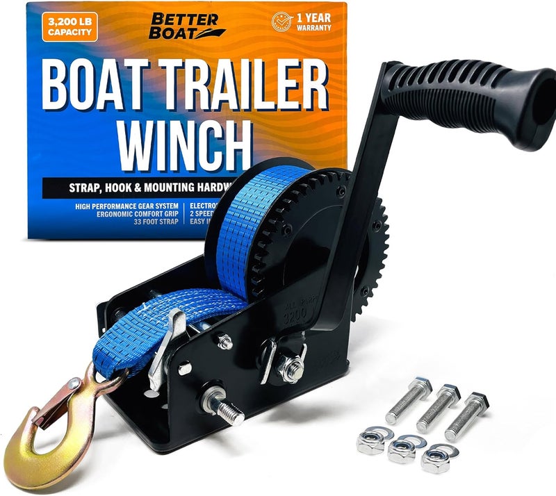 Better Boat 3200 lb Capacity Trailer Winch with Strap and Hook - Image 1