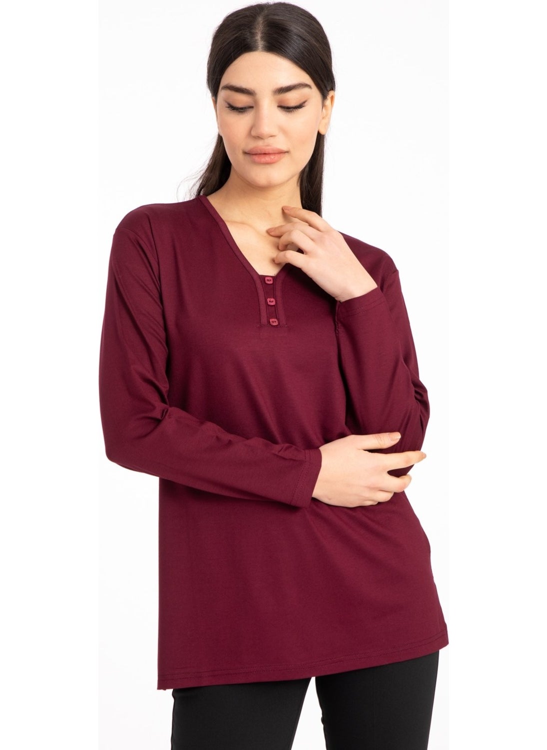 Mutlu City - Women Middle Age and Above V Neck Lycra Viscose Mother Combed Cotton Blouse 140 - Image 1