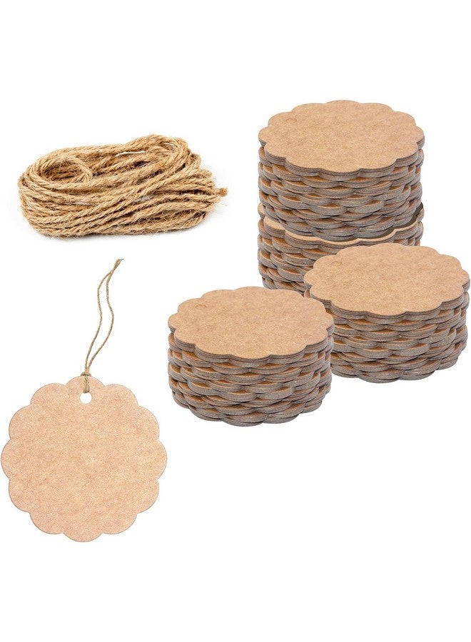 Mudrit Scalloped Shaped Kraft Plain Paper Tags, Handmade Gift Tags 3” Round Labels with Jute Twine, Perfect for Arts and Crafts, DIY, Wedding Party Favor - (Pack of 200) - Image 1