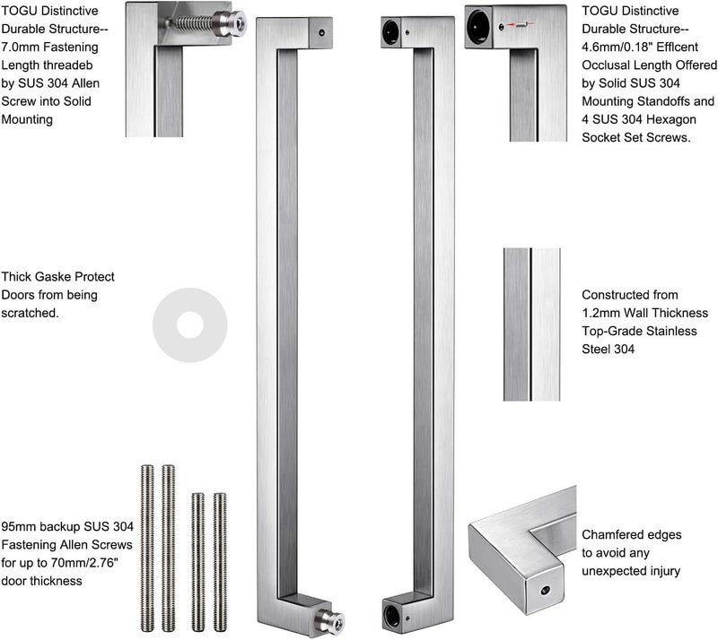 TOGU TG-R3030 300mm/12 inches Solid Standoffs Heavy-Duty Commercial Grade-304 Stainless Steel Push Pull Door Handle, Full Brushed Stainless Steel Finish - Image 3