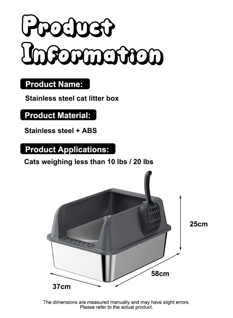 Kidle Large Stainless Steel Cat Litter Box with Litter Scoop Cat Toilet Cat Litter Tray High Wall Side Shell Non-Sticky Anti Splashing and Easy Clean 37*58*25cm - Image 5