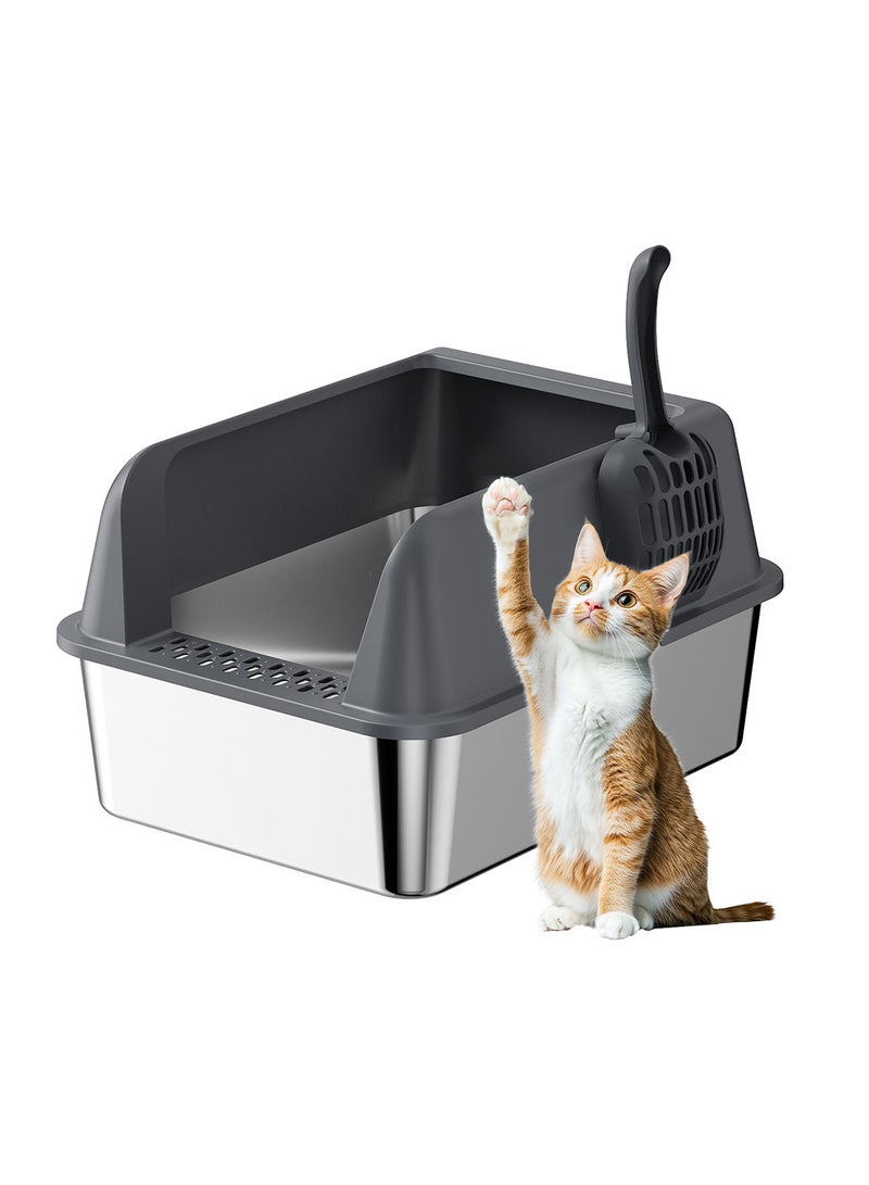 Kidle Large Stainless Steel Cat Litter Box with Litter Scoop Cat Toilet Cat Litter Tray High Wall Side Shell Non-Sticky Anti Splashing and Easy Clean 37*58*25cm - Image 1