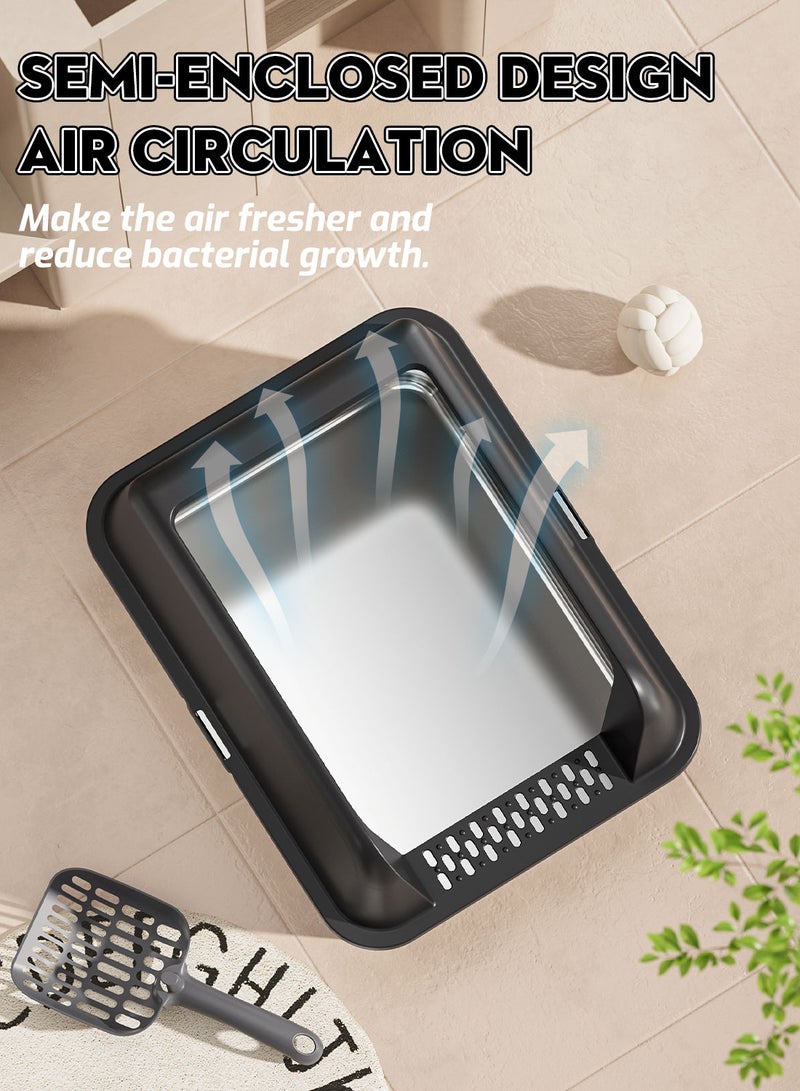 Kidle Large Stainless Steel Cat Litter Box with Litter Scoop Cat Toilet Cat Litter Tray High Wall Side Shell Non-Sticky Anti Splashing and Easy Clean 37*58*25cm - Image 4