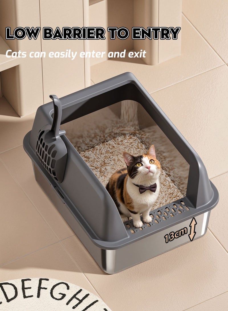 Kidle Large Stainless Steel Cat Litter Box with Litter Scoop Cat Toilet Cat Litter Tray High Wall Side Shell Non-Sticky Anti Splashing and Easy Clean 37*58*25cm - Image 2