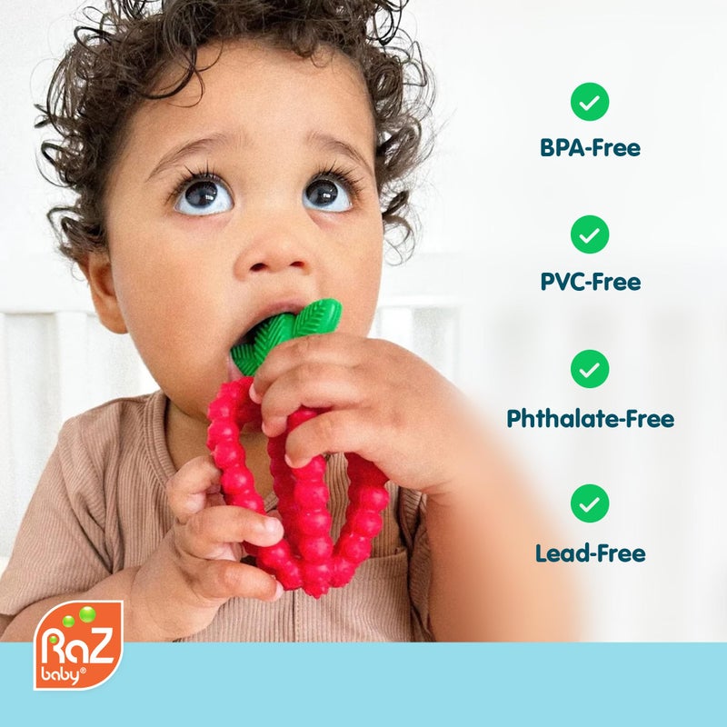RaZbaby Bites Silicone Baby Teething Toy â€“ Sensory Toy with Textured BerryBumps for Teething Relief, Easy-to-Hold Fruit Shape, BPA-Free, Soothes Front & Back Teeth â€“ Gift for Babies, 3 Months+, Red - Image 5