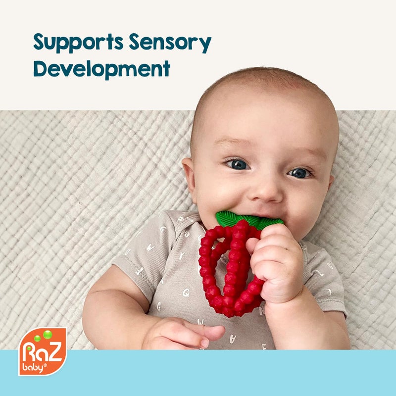 RaZbaby Bites Silicone Baby Teething Toy â€“ Sensory Toy with Textured BerryBumps for Teething Relief, Easy-to-Hold Fruit Shape, BPA-Free, Soothes Front & Back Teeth â€“ Gift for Babies, 3 Months+, Red - Image 3