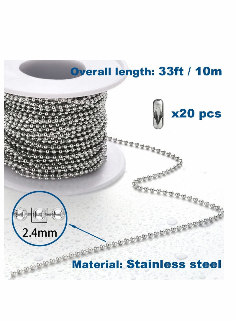 Excefore - Ball Bead Chain, 10 Meters Stainless Steel Chains Necklace with 20pcs Connectors Clasps, for Jewelry Making Bracelet Military Crafts, Silver Metal Pull Chain Small Roll - Image 1
