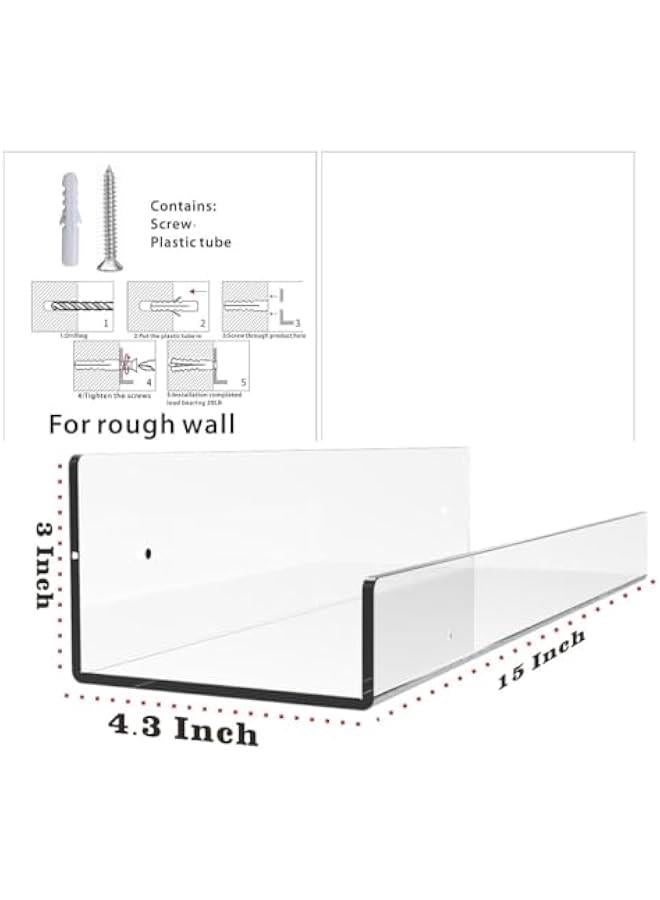 HOOKOR 4 Pcs Clear Acrylic Shelves for Storage, 15 Floating Shelves Wall Mounted for Kids Floating Bookshelf,Kids Book Display Shelves Ledge Shelves for Bedroom, Living Room, Bathroom, Kitchen - Image 3