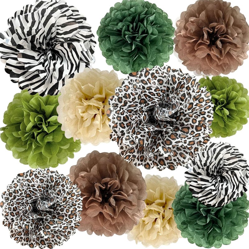 ANSOMO Jungle Safari Tissue Paper Pom Poms Wild Animal Leopard Zebra Print Cheetah Party Decorations Sage Green Brown Flowers Wall Hanging Décor Table Centerpieces Supplies Birthday Bridal Baby Shower - Image 1